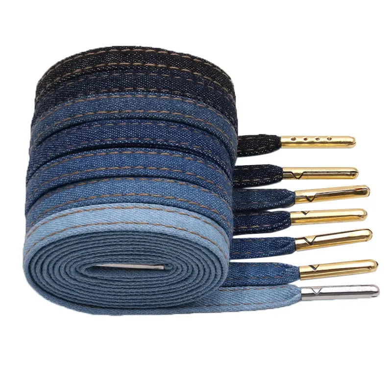 

REWIN Vintage Classic 8MM Black Blue Colored Denim Flat Shoe Laces Canvas Shoelaces with Metal Agelt, 9 colors available