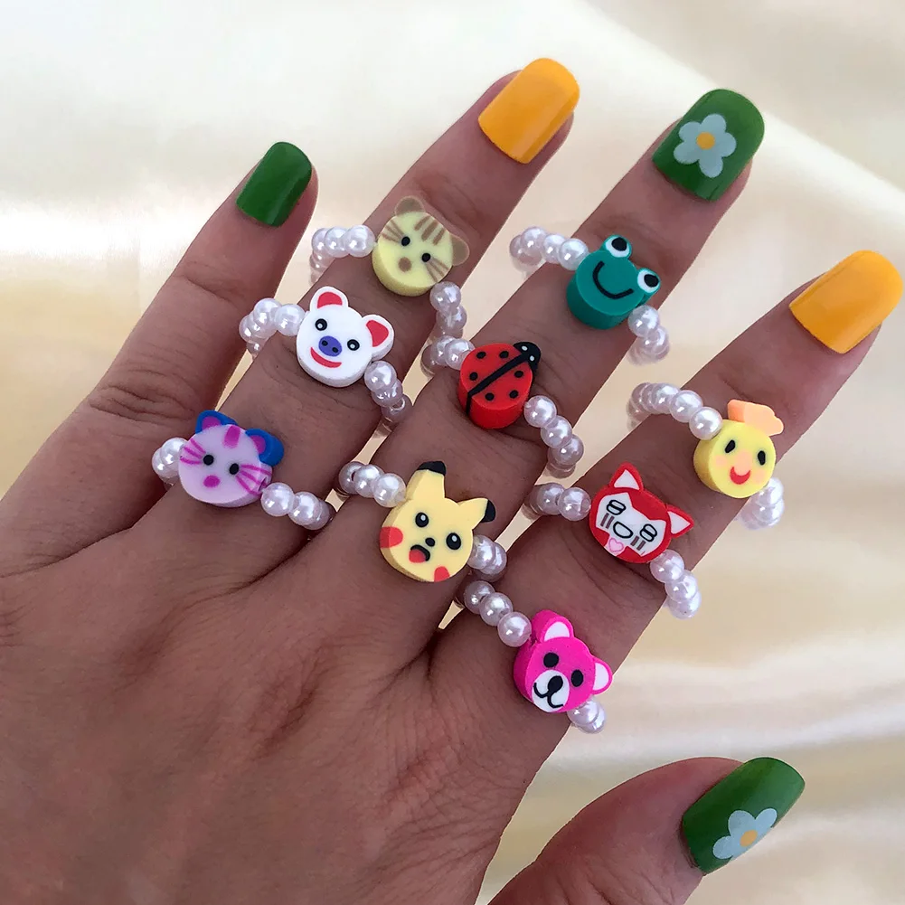 

Trendy Durable Elastic Adjustable Pearl Beaded Jewelry Cute Cartoon Clay Animal Rings Miraculous Ladybug Ring For Women Girl, Mixed color
