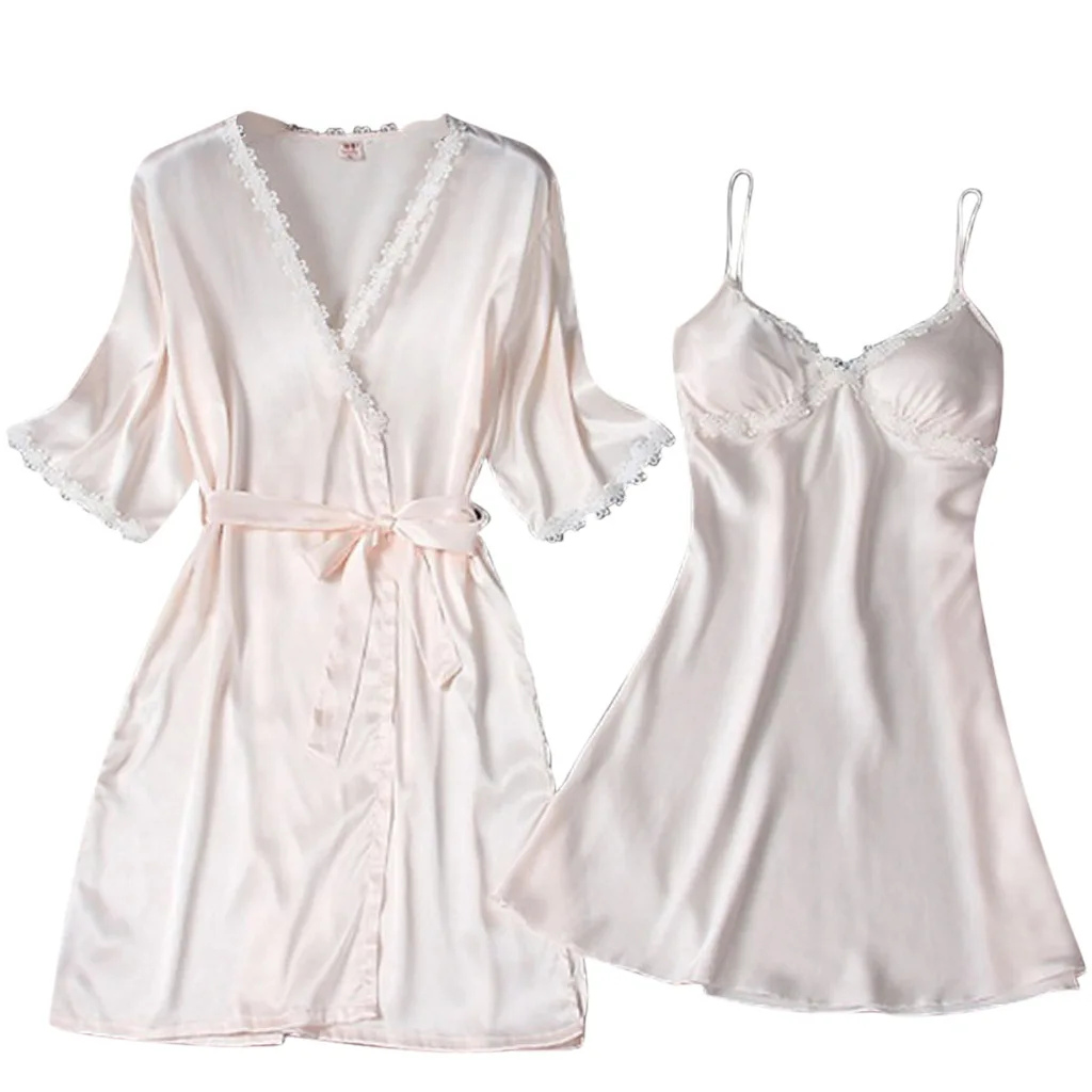 

2021 summer lace satin nightdress robe femme woman night sexy sleepwear ladies 2 piece satin nightgown