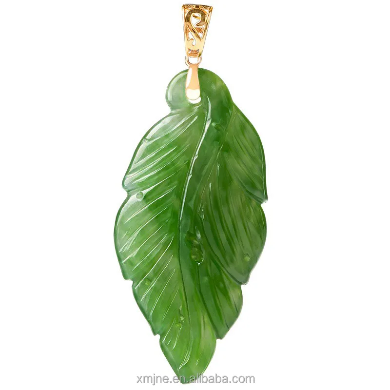 

Certified Grade A Spinach Green Hotan Jade Green Jade Leaf 18K Gold Natural Jade Pendant Necklace For Men And Women