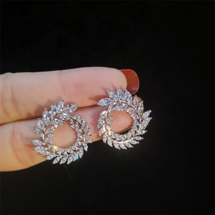 

High quality fashion S925 silver needle leaf wreath micro inlaid 3A CZ zircons stud earrings for women jewelry