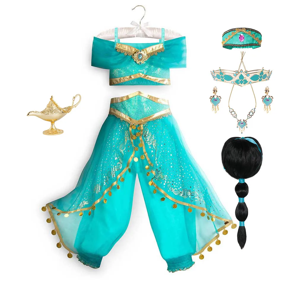 

Princess Dress up of and the Magic Lamp Girls Birthday Party Jasmine Cosplay Costume Top+Pants+Headband 2 4 6 8 10 12Yrs