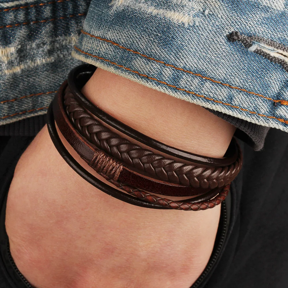 

Fashion Handmade Jewelry Multilayer Wrap Leather Bracelets Black Braided Magnetic Clasp Leather Bracelets For Men