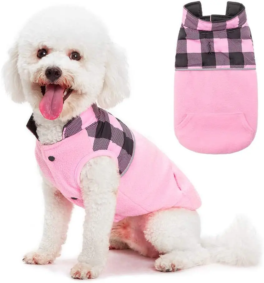 

Wholesale Warm Dog Apparel Winter Plaid Polar Fleece and Down Linner Double-Sided Vest for Small Medium Dogs, As picture