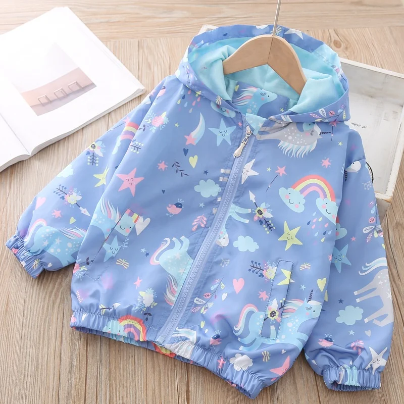 

Spring Jacket for Girls Coats Hooded Unicorn Rainbow Pattern Baby Clothes Outerwear Kids Windbreaker Autumn Jackets, As picture