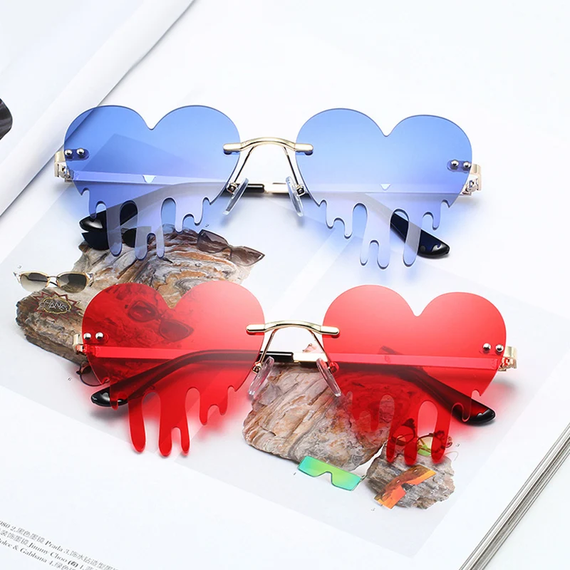 

Yj10149 Hot Sale Women Retro Halloween Heart Shaped Drip Sun Glasses Funny Rimless Party Sunglasses 2021