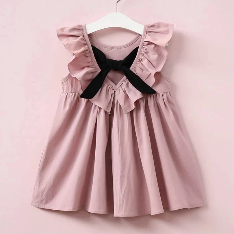 

Hot Sale Sweet Style Fly Sleeve Girls Pleated Pink Dress For Children