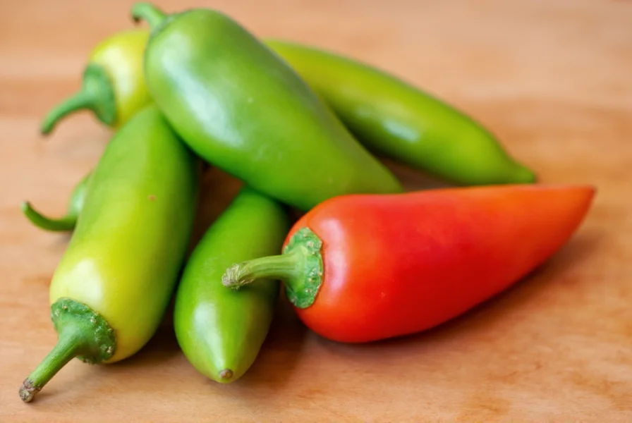 Close-up view of fresh cachucha peppers showing their tapered shape and vibrant green to red color transition on a wooden cutting board