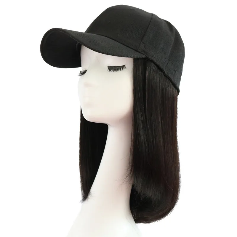 

Ainizi 14 inches shoulder length bob non-detachable black fashionable baseball hat wigs for girls