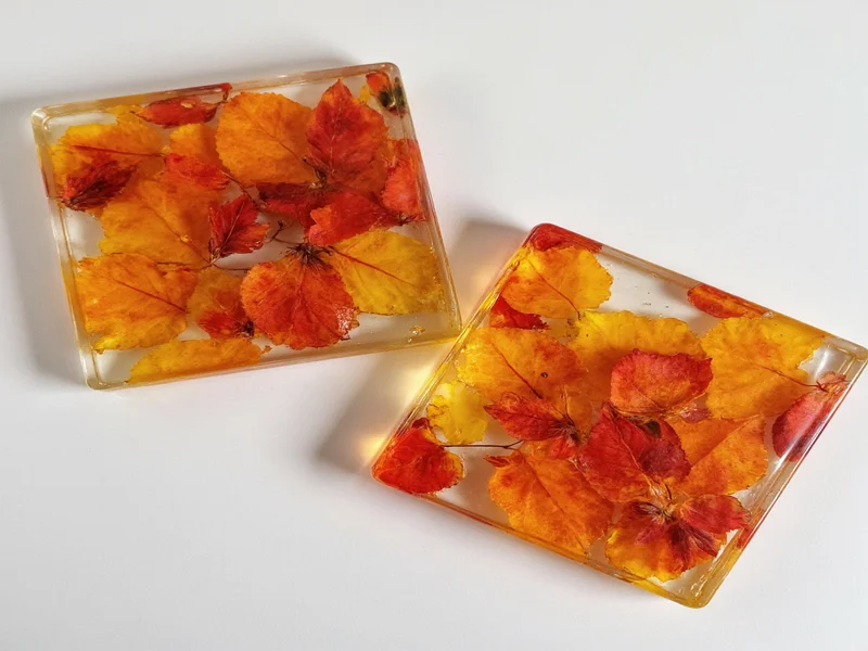 Translucent resin coasters with autumn leaves