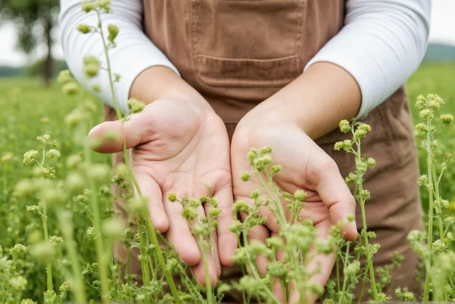 Close-up of mature mustard seed pods on plant, showing transition from green to brown color indicating harvest readiness
