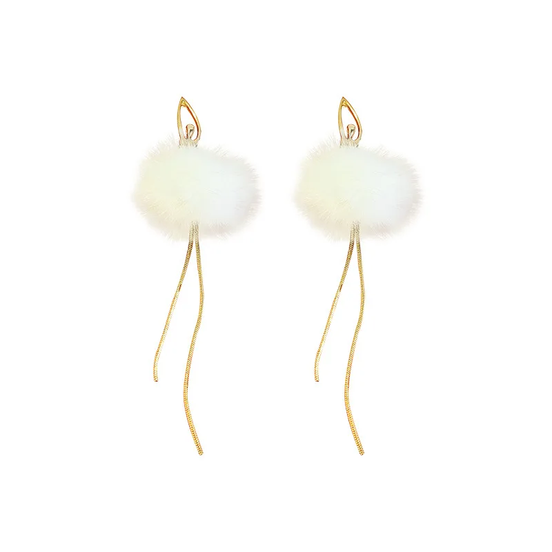 

C&J Elegant 18K Gold Plated Dancing Girl Long Drop Tassel Earrings Fashion Plush Pom Pom Fur Ball Earrings