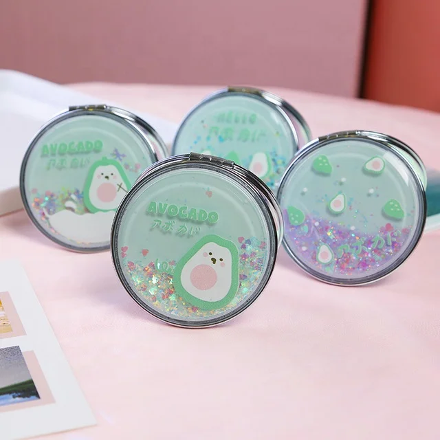 

Promotion Round Foldable Liquid Sand Magnifying Avocado Makeup Mirror Dual Sided Glitter Cosmetic Mirror, As pictures