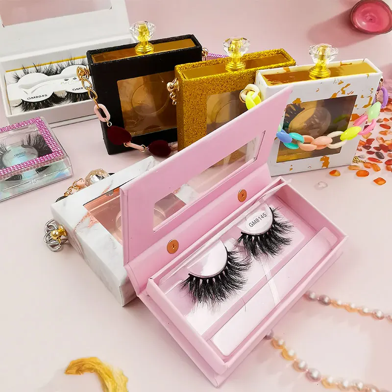

New Arrival Multi Colors 25mm Mink Eye Lashes Vendor Marble Pink Lash Case Square Eyelash Box With Chain, Black pink gold marble