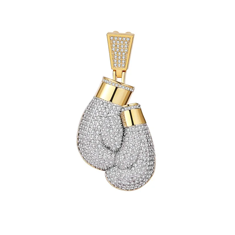 

Amazon Hips Hops Sport Jewelry Real Gold Plated Full Filled Iced Out Bling Bling Cubic Zircon CZ Boxing Gloves Pendant Necklace