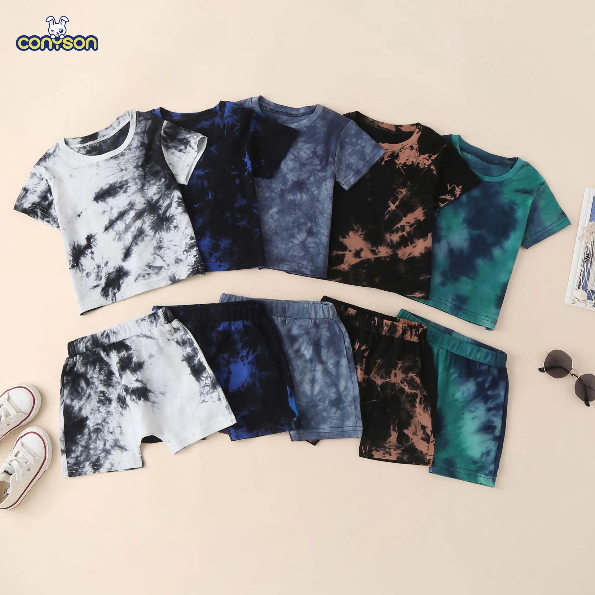 

Conyson New Summer Unisex Short Bottoms Tracksuit Tie-dye Printed Short Sleeve Tops Casual Kids Boy Girl 2pcs Outfits Sets