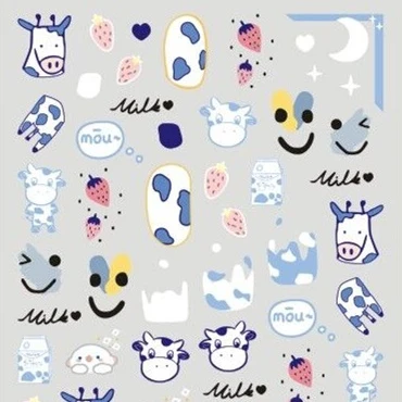 

R413-421 Latest 2021 3D Milk Cow Nail Art Sticker Abstract Cartoon Graffiti Nail Art Decals Decorations, As picture show