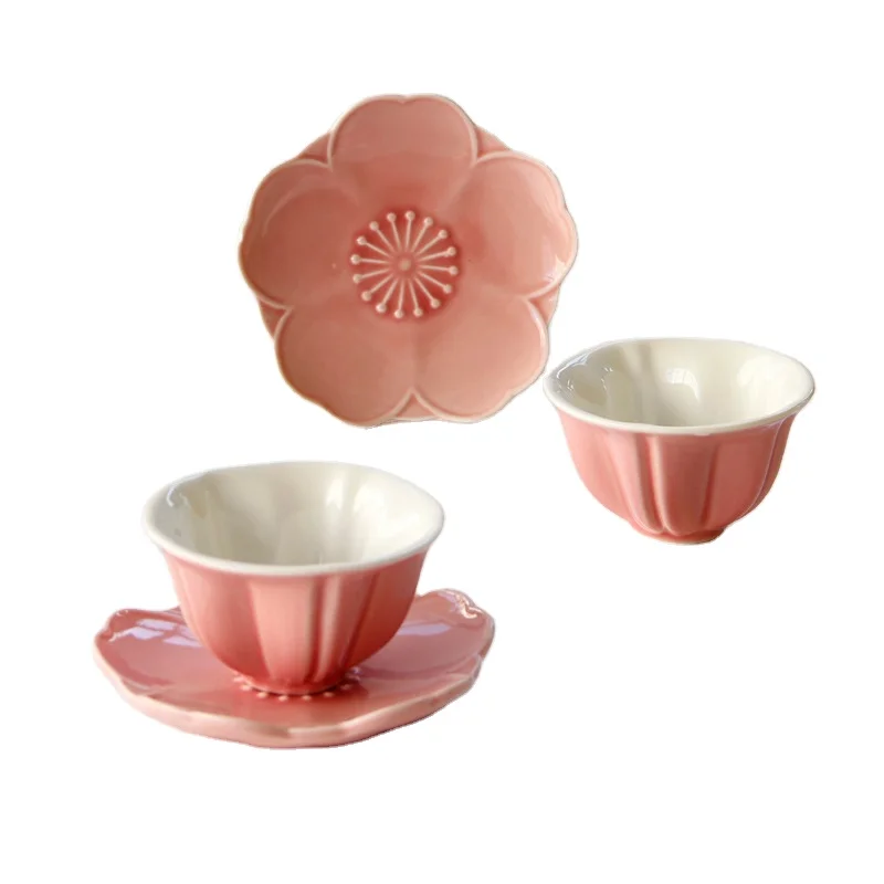 

2021 Wholesale Bulk European Coffee Gift samll Pink Glazed Ceramic Small sets Tea cups and Saucers