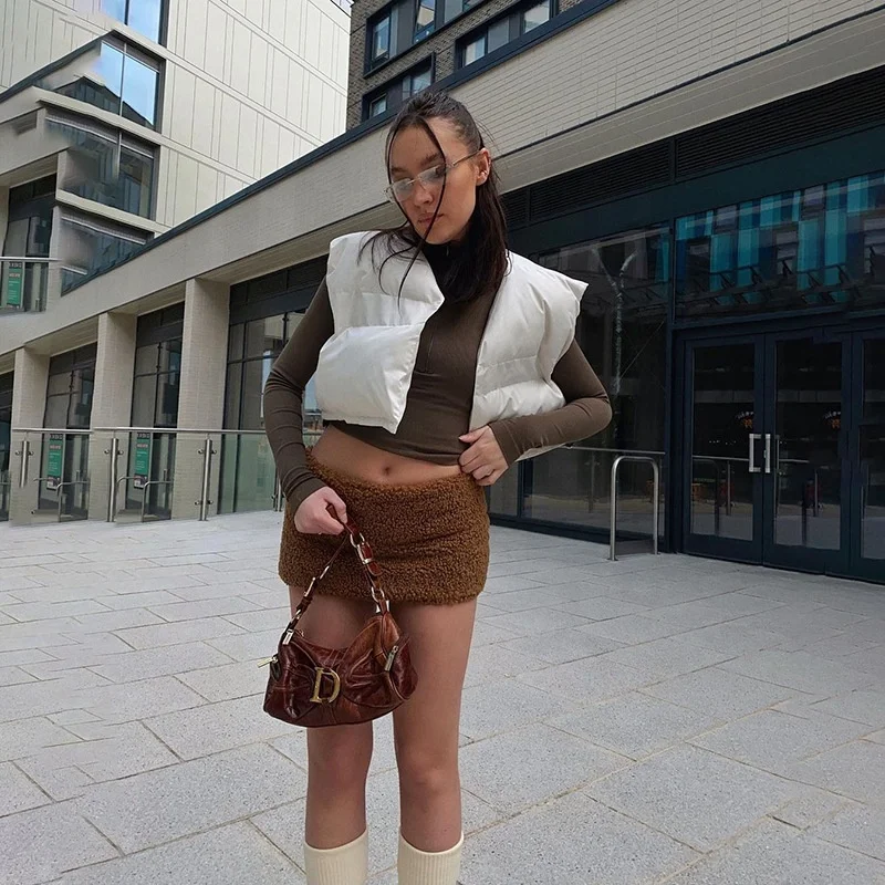 

Women's round neck sleeveless drawstring short cotton vest Smooth Solid color Slim waistcoat vest jacket for women outside