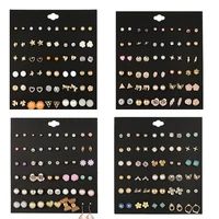 

30 Pairs of stud earrings combined geometric multi-elements alloy square diamond-studded pearl flower stud earrings set