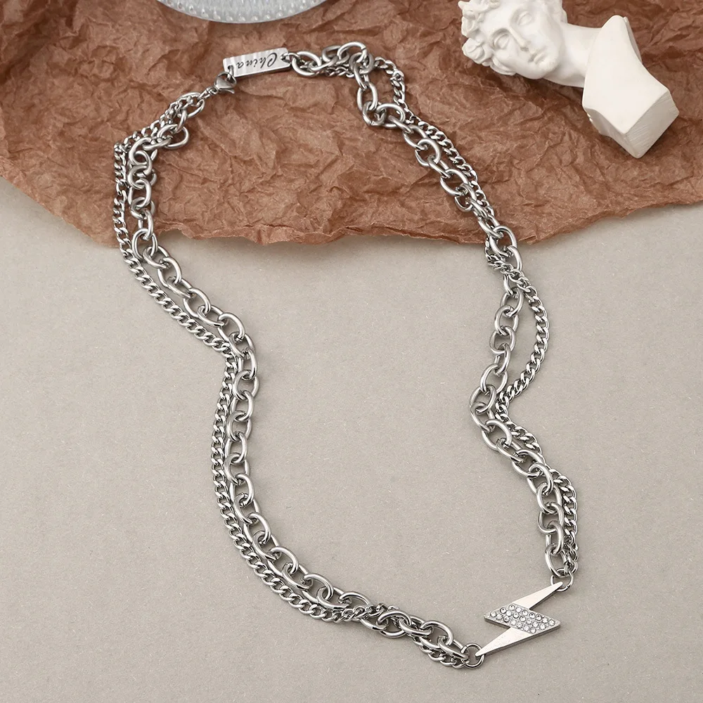 

2022 New Hip Hop Style Jewelry Stainless Steel Personality Lightning Charm Double Layer Necklace