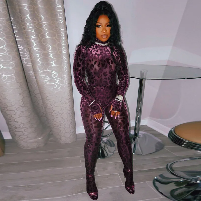 

2021 Sexy Purple Jumpsuit For Women Cheetah Mesh Patchwork Sheer Leopard Jumpsuits Velvet