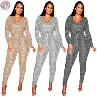 

9120318 fashion long sleeve solid color include belt sequins nightclub long jumpsuits High Womens Fashion Clothing