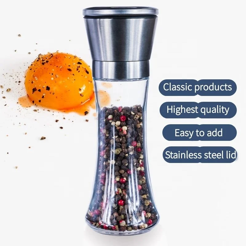 

Top-ranked commercial stainless steel salt and pepper grinder set manual spice mill with glass bottle, Silver