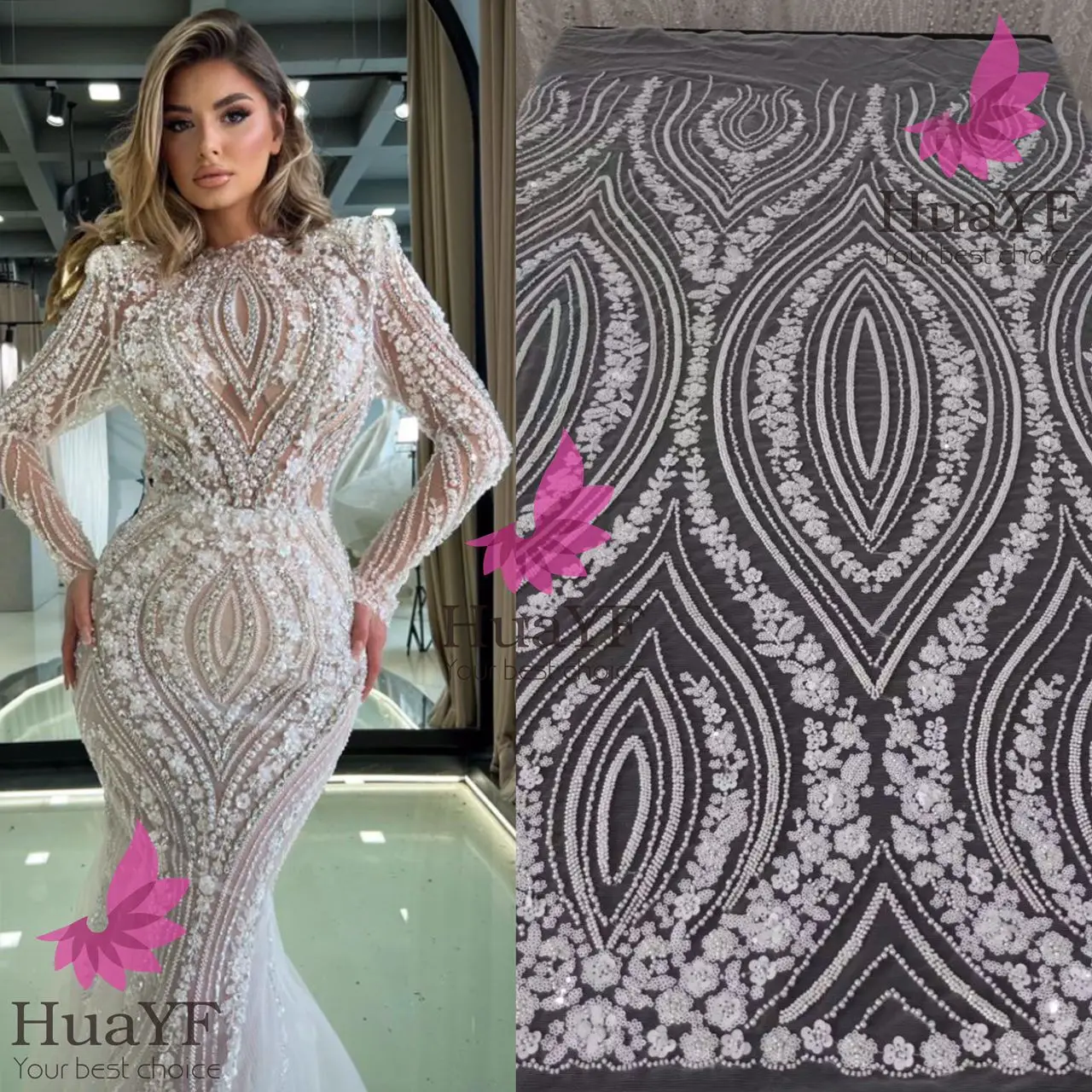 

HY2607 pure white hot sell fashion fabrics embroidery bridal beaded fabric sequins laces