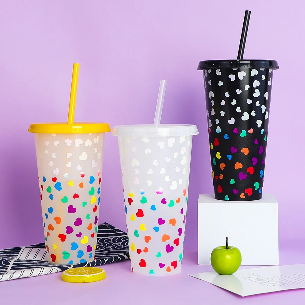 

Black heart small sublimation clear amazon hot sell tumblers cold reusable with lid and straw 24oz plastic color changing cups