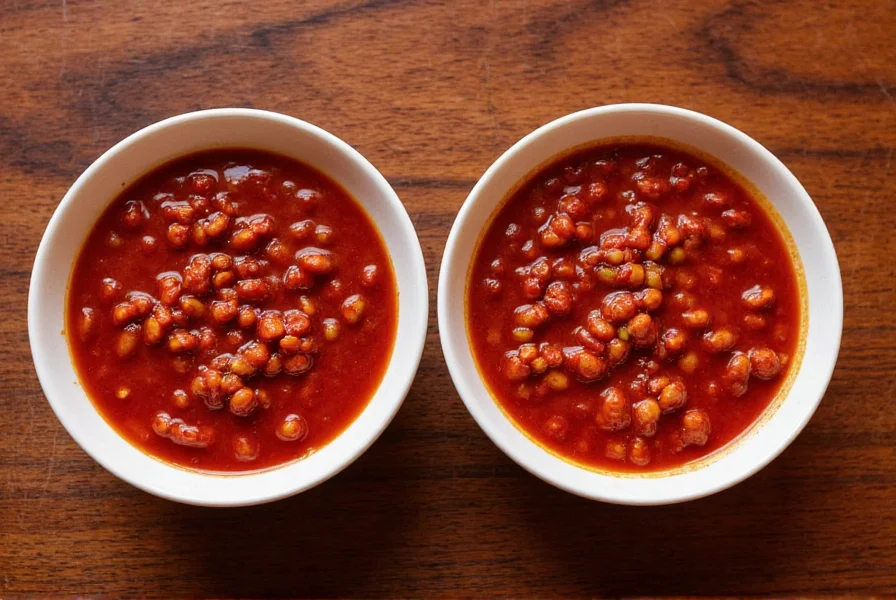Two bowls of texas red chili side by side showing regional variations: darker central texas style and lighter west texas style