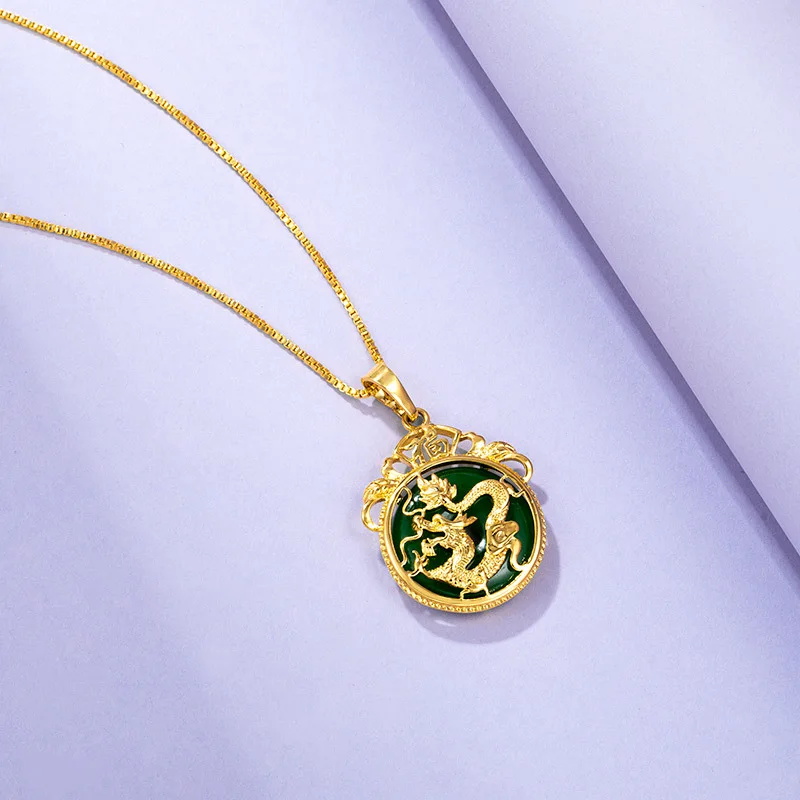 

Simple Personality Trend Jewelry Imitation Jade Stone Dragon Pendant Copper Plated 24 K Gold Box Chain Necklace