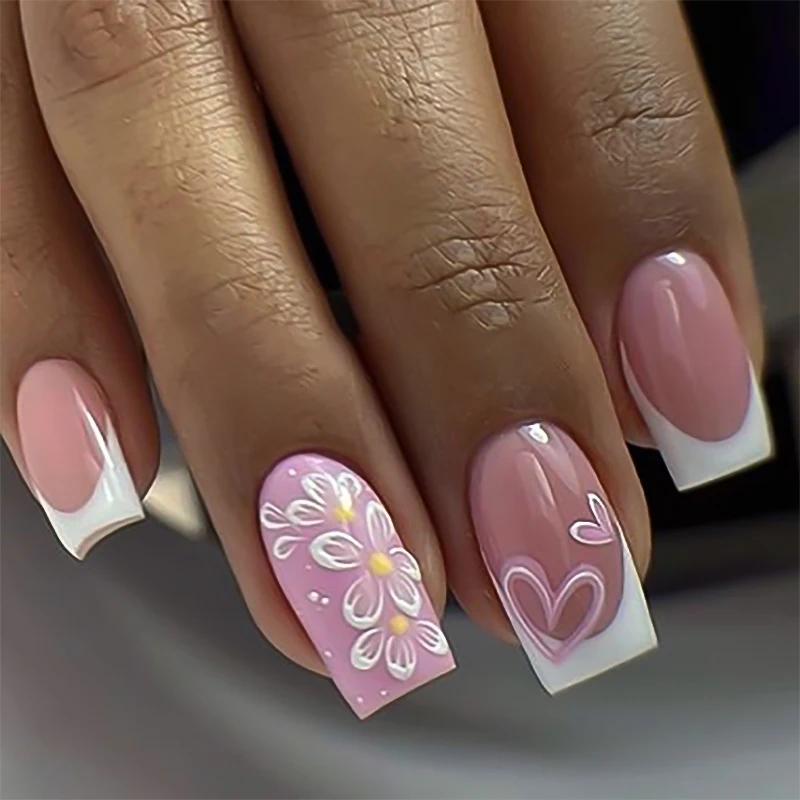 Dropshipping 24 Pcs 3772 Spring Summer Flower Heart French White Short Square Nails Press on Nails Artificial Fingernails