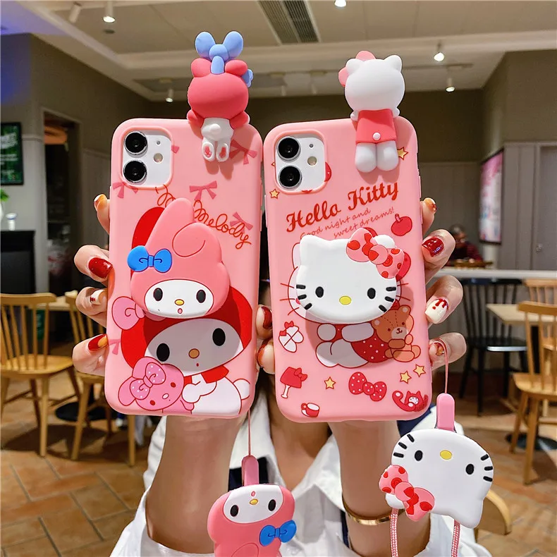 

For iPhone X Xs XR XSMAX 7 8 Plus 11 12 Pro Max Minnie Mickey Hello Kitty Stitch 3D Papa Doll Holder Stand Strap Soft Phone Case