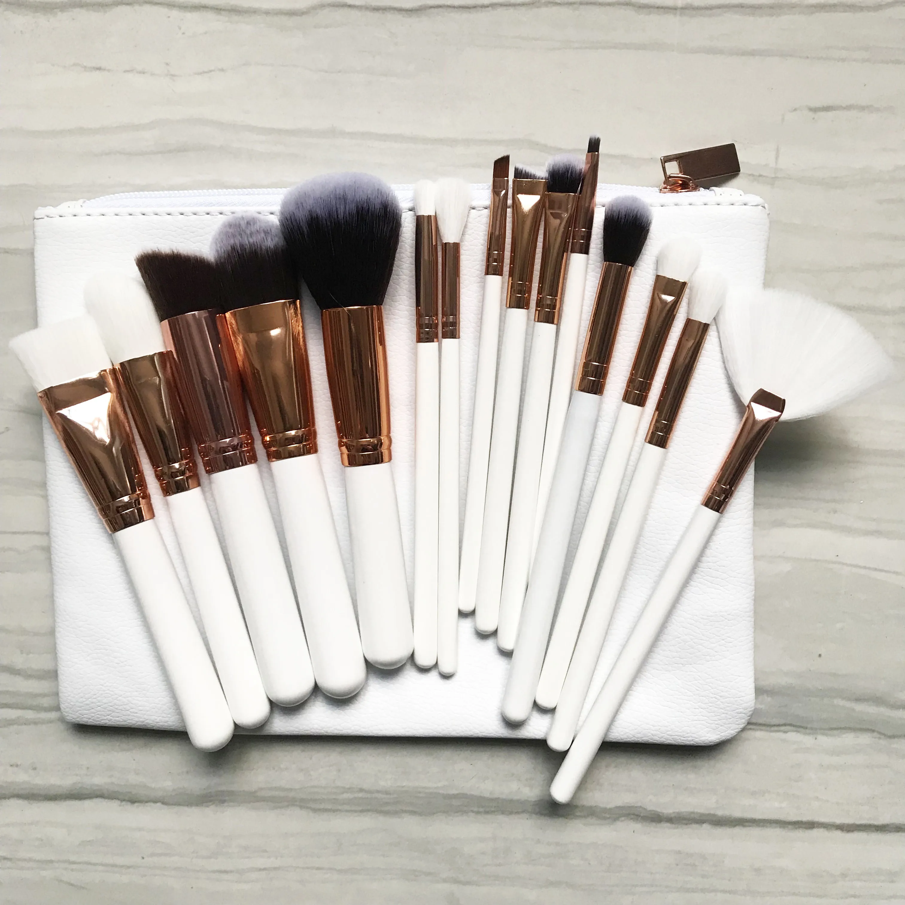 

Hot sale 15pcs white rose gold makeup brushes sets with soft white PU bag art paint brushes set