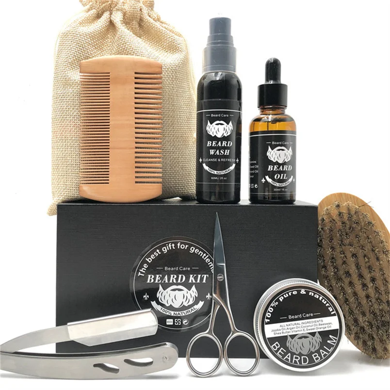 

OEM men's gift boxes vegan beard care set grooming kit shaping tool black men organic luxury kit beard brush