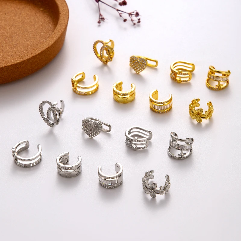 

New Design Copper And Cubic Zirconia Ear Cuff Earrings Trendy Gold Silver Ear Piercing Jewelry Women Mens Cartilage Earrings