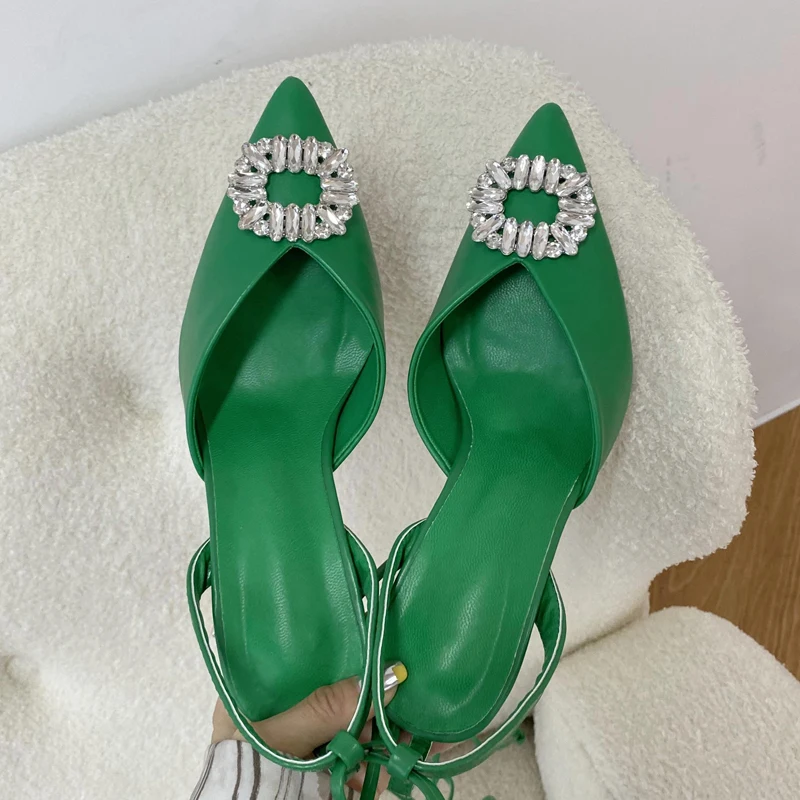 

New Fashion Women Pointed Toe Crystal Diamond Slip On Mules Slingbacks Lace-Up Sandal Pumps Ladies Heels Shoes