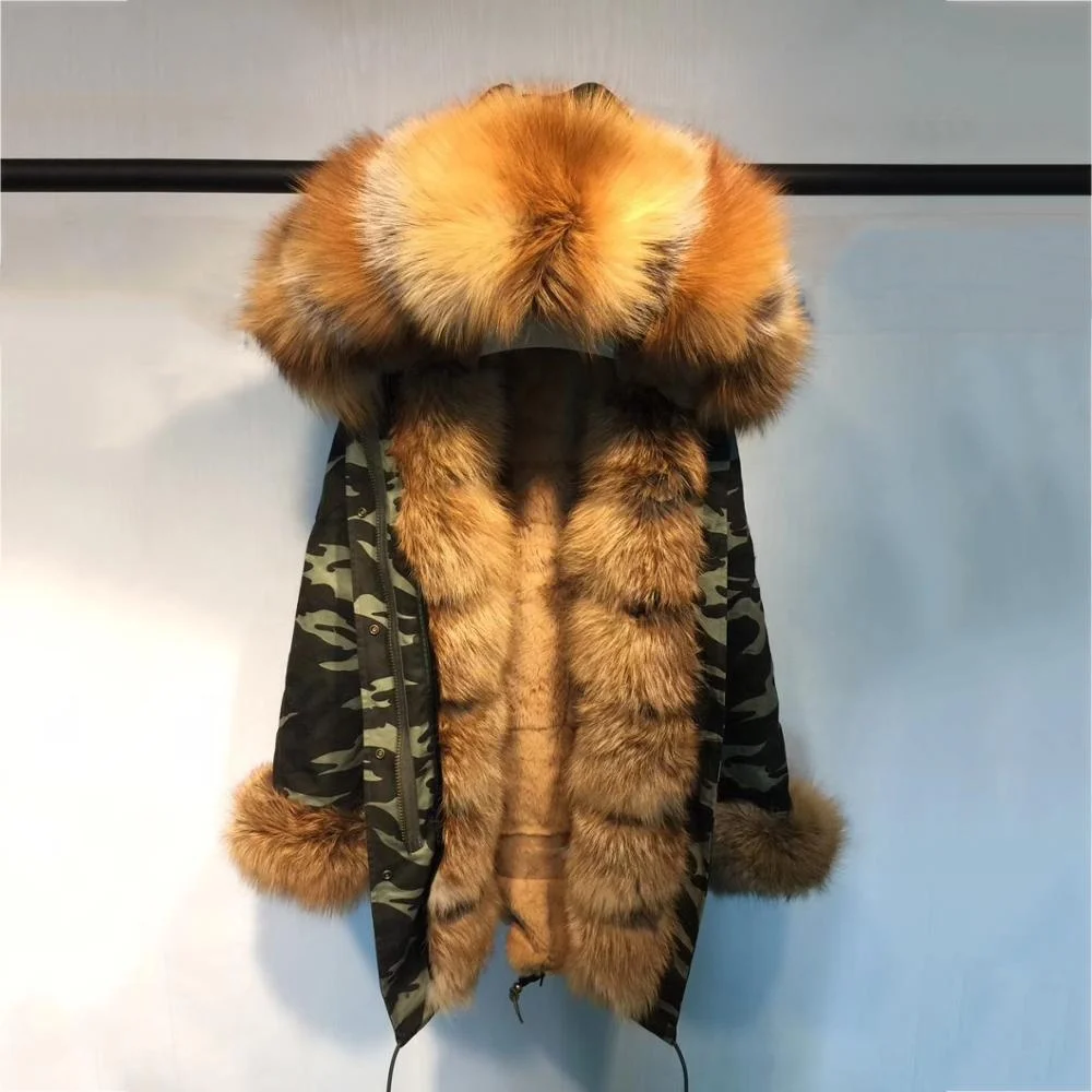 2019 Ins hot fox fur trimming overcoats rabbit fur lined lady waterproof jacket woman winter warm coat hooded real fur parka