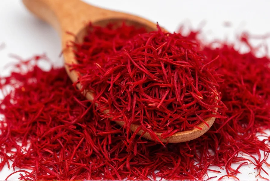 Close-up photograph of genuine saffron threads showing crimson stigmas with orange tips against white background