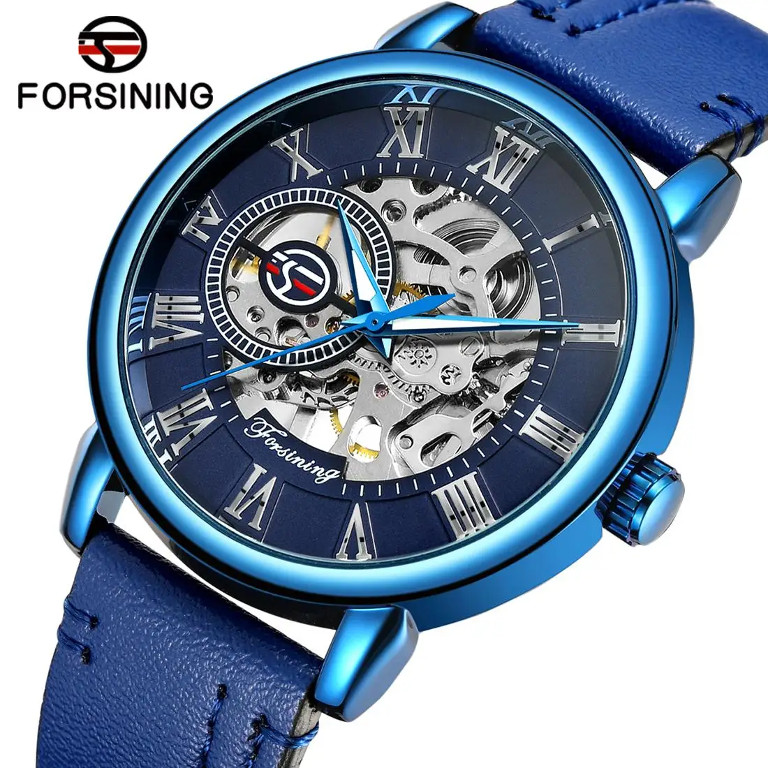 

Forsining Watch men wrist new arrival hollow out blue stainless steel / leather strap luxury automatic mechanical watch