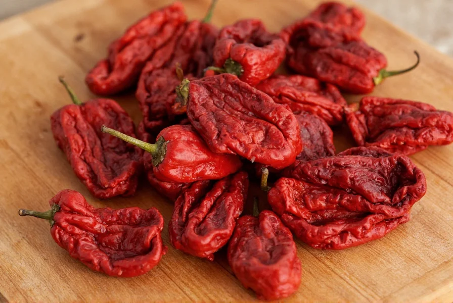 Close-up of dried ghost peppers showing their characteristic wrinkled texture and deep red color on wooden cutting board