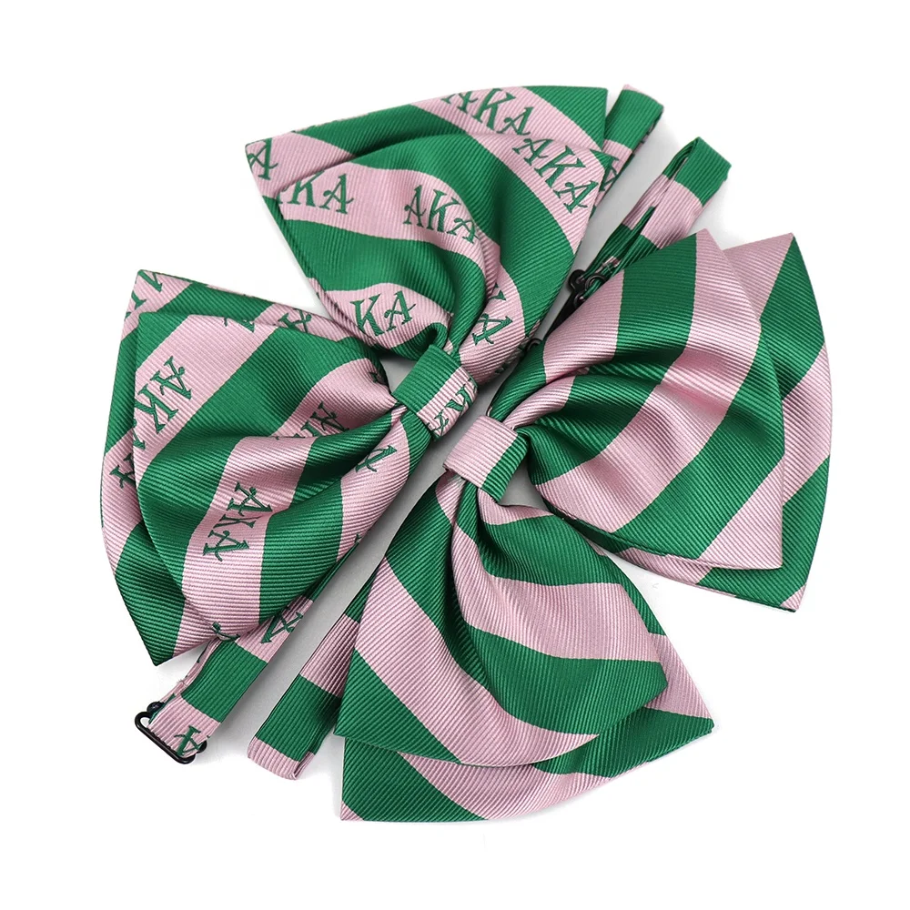 

Casual Style Polyester Made Striped Design Custom AKA Logo Woven Pink Green Hot Sell Lady Bow Tie