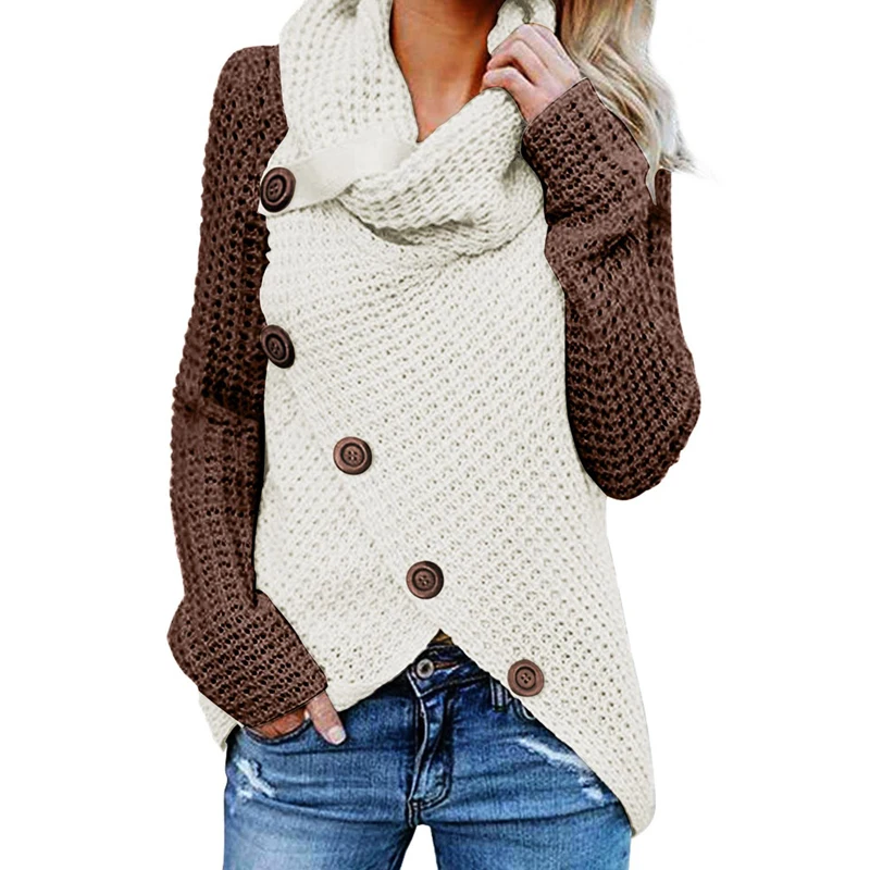 

Winter Casual Long Sleeve Tops Patchwork Button Turtle Cowl Neck Asymmetric Hem Wrap Pullover Sweater For Women
