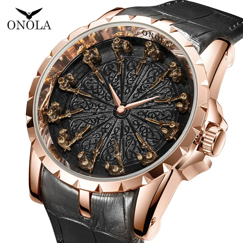 

New ONOLA Brand Mens Genuine Leather Strap Japanese Movement Quartz Watches High Quality Male Knight Sculpture Waterproof Watche