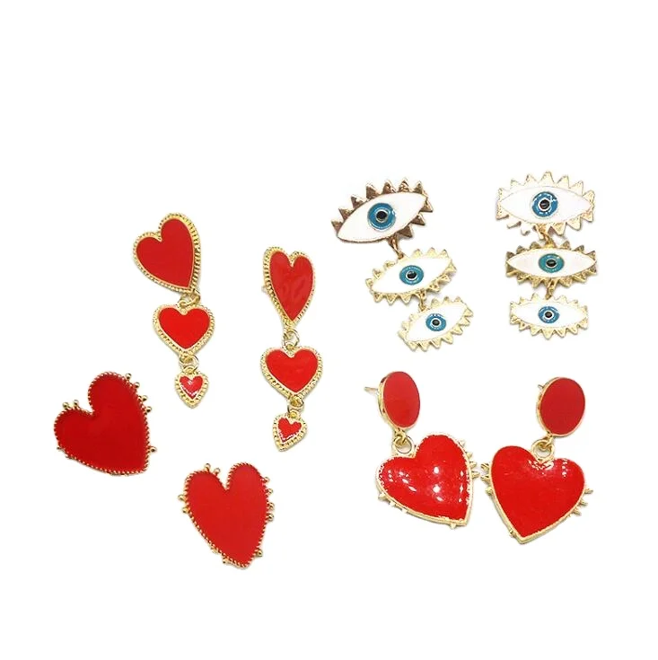 

Fashion charm gold edge red love heart eyes pendent drop stud earrings Jewelry for women