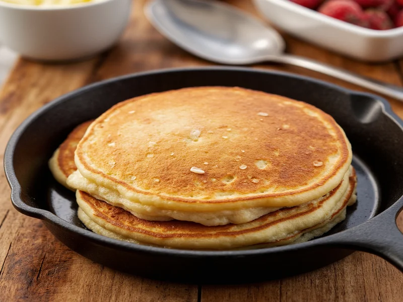 Fluffy dairy-free pancakes on cast iron skillet