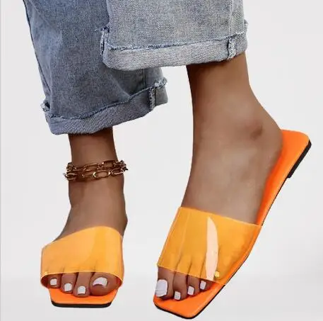 

F21661A 2021 in stock wholesale fashion lady beach slide New style women slippers women summer flat sandals, Lack, yellow, orange