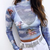 

Hot Selling Sexy Cute Angel Printed Cropped Mock Neck Mesh Women Sheer Shirt