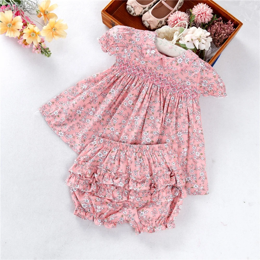 

C4261 summer kids clothing infant baby girls clothes sets smocked dress pink flower floral casual children outfit wholesale